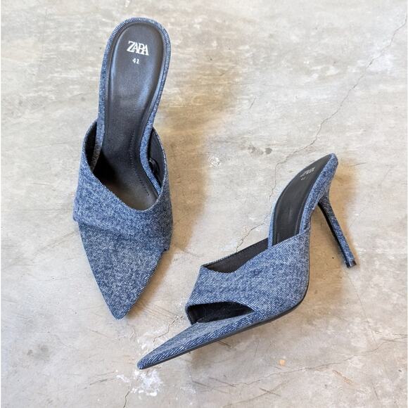 Zara Blue Denim Jean Heeled Open Toe Sandals, size 41/US10 - Picture 1 of 5